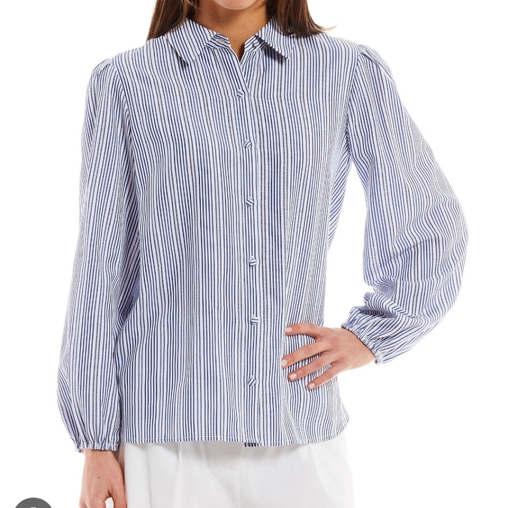 Logan Button Down Collar Long Sleeve Elastic Cuff Striped Blouse